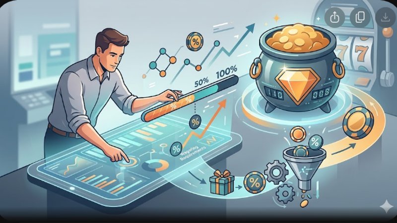 Современная иллюстрация с элементами казино и графиками для анализа отыгрыша бонусов в джекпот-слотах